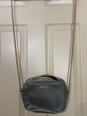 Victoria's Secret Metallic Gray Crossbody Bag with Gold Chain